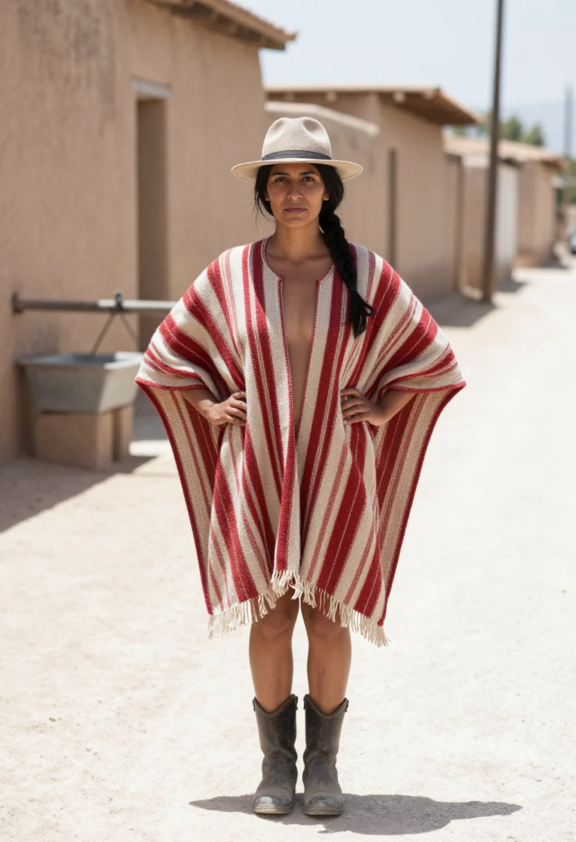 AI poncho sample — photograph of a grown woman, Mediterranean, with olive skin,