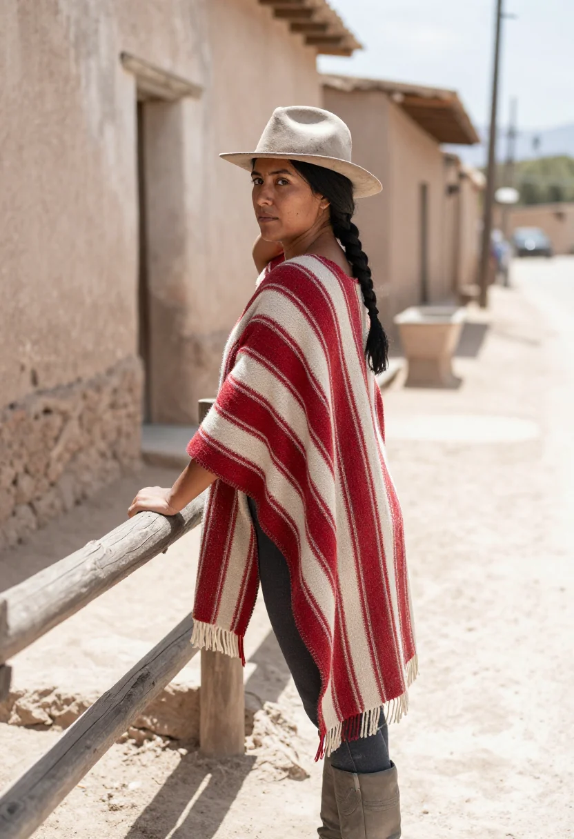 AI poncho sample — photograph of a grown woman, Mediterranean, with olive skin,