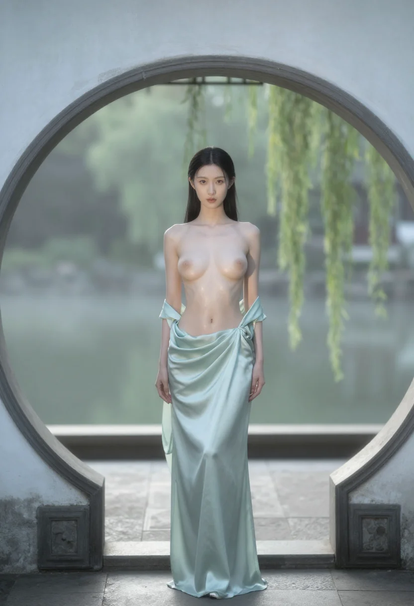 AI qipao garden sample — portrait of a slim Chinese woman with pale-ivory complexion in a silk qipao