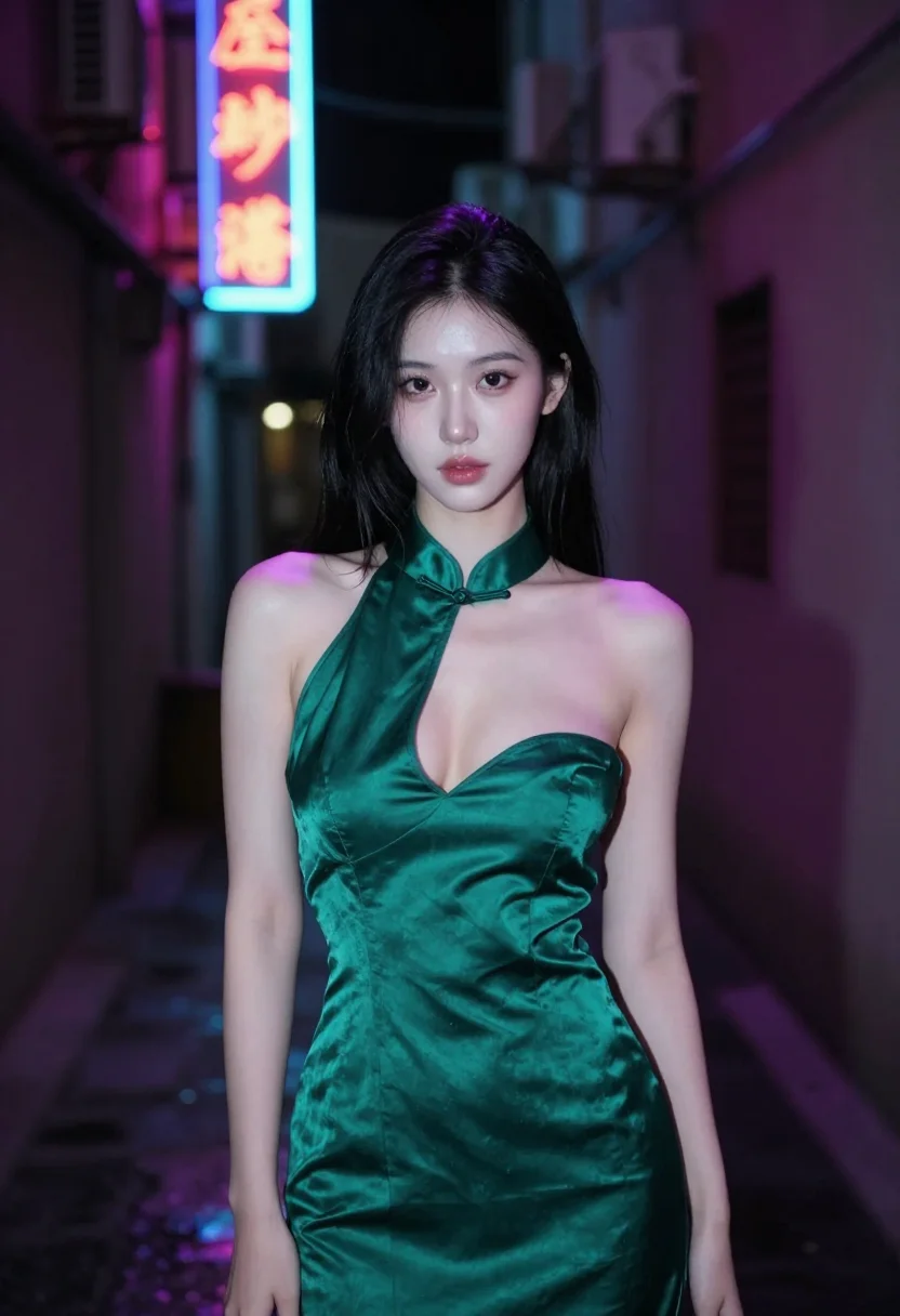 AI qipao sample — Front half-length portrait of a slender East-Asian woman in a sapphire qipao