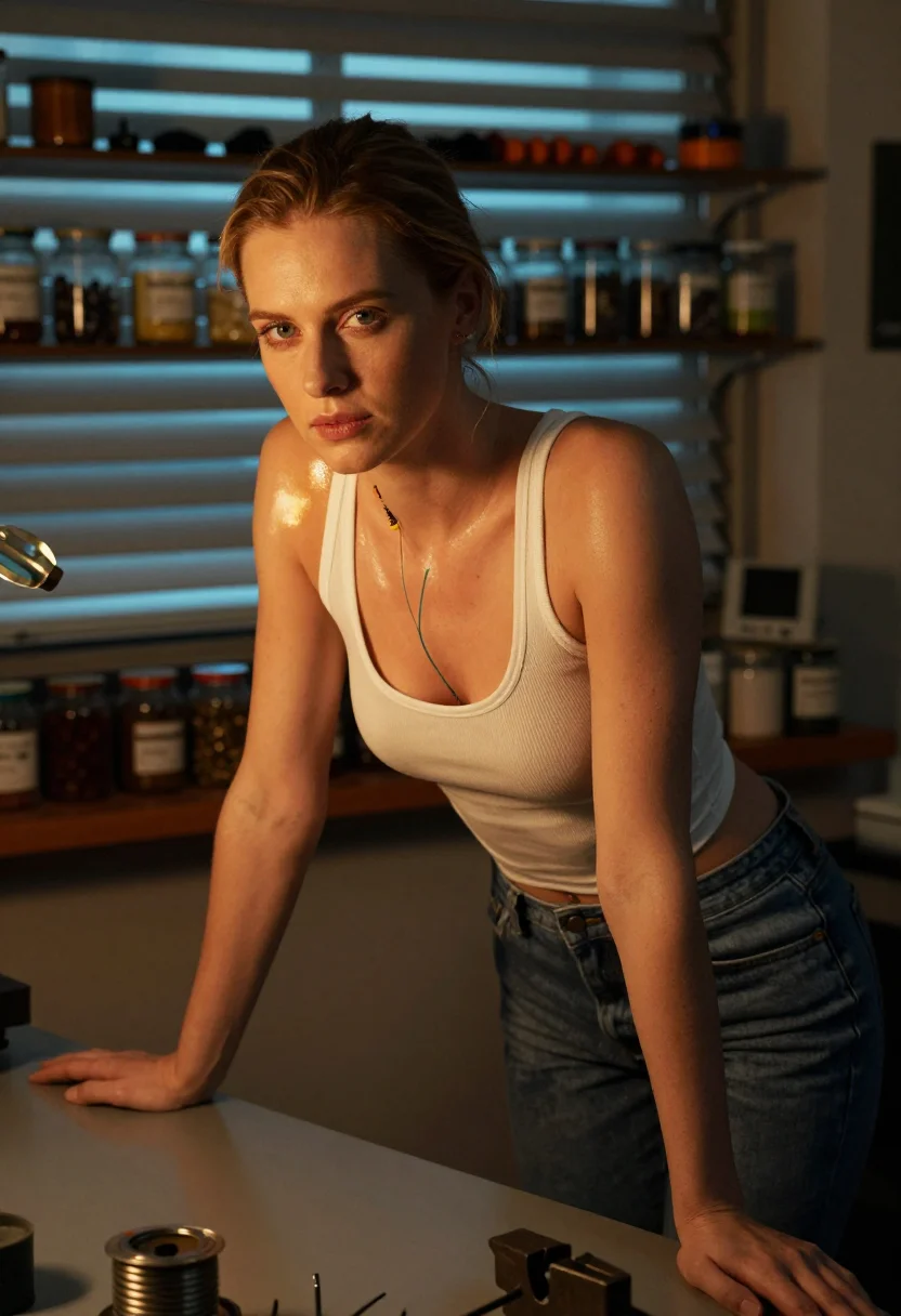 AI repair bench sample — photograph of a grown woman, Western-European, with pale ski