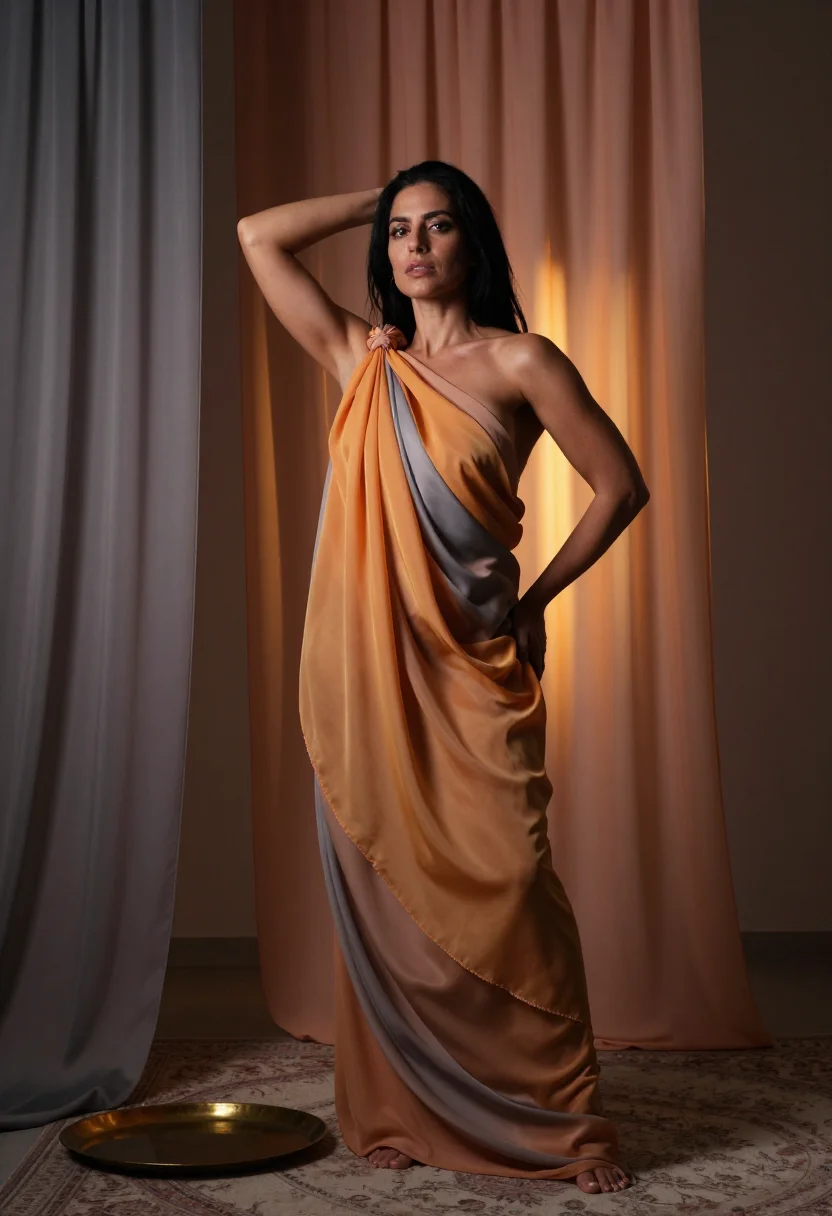 AI silk veils sample — portrait of an adult woman, full-length portrait wrapped in layered chiffon