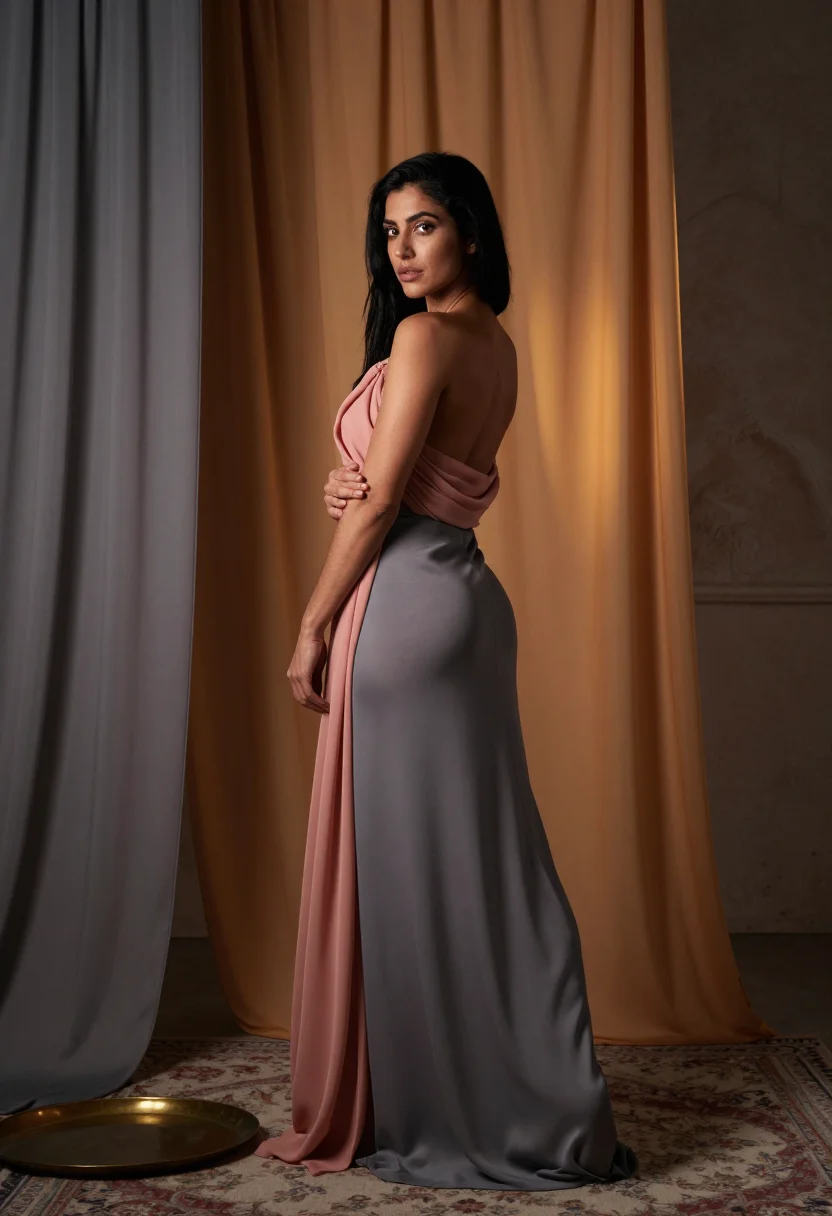 AI silk veils sample — portrait of an adult woman, full-length portrait in saffron chiffon