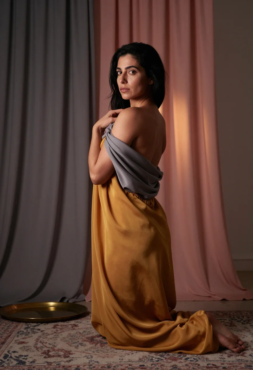 AI silk veils sample — portrait of an adult woman, full-length portrait in rose chiffon