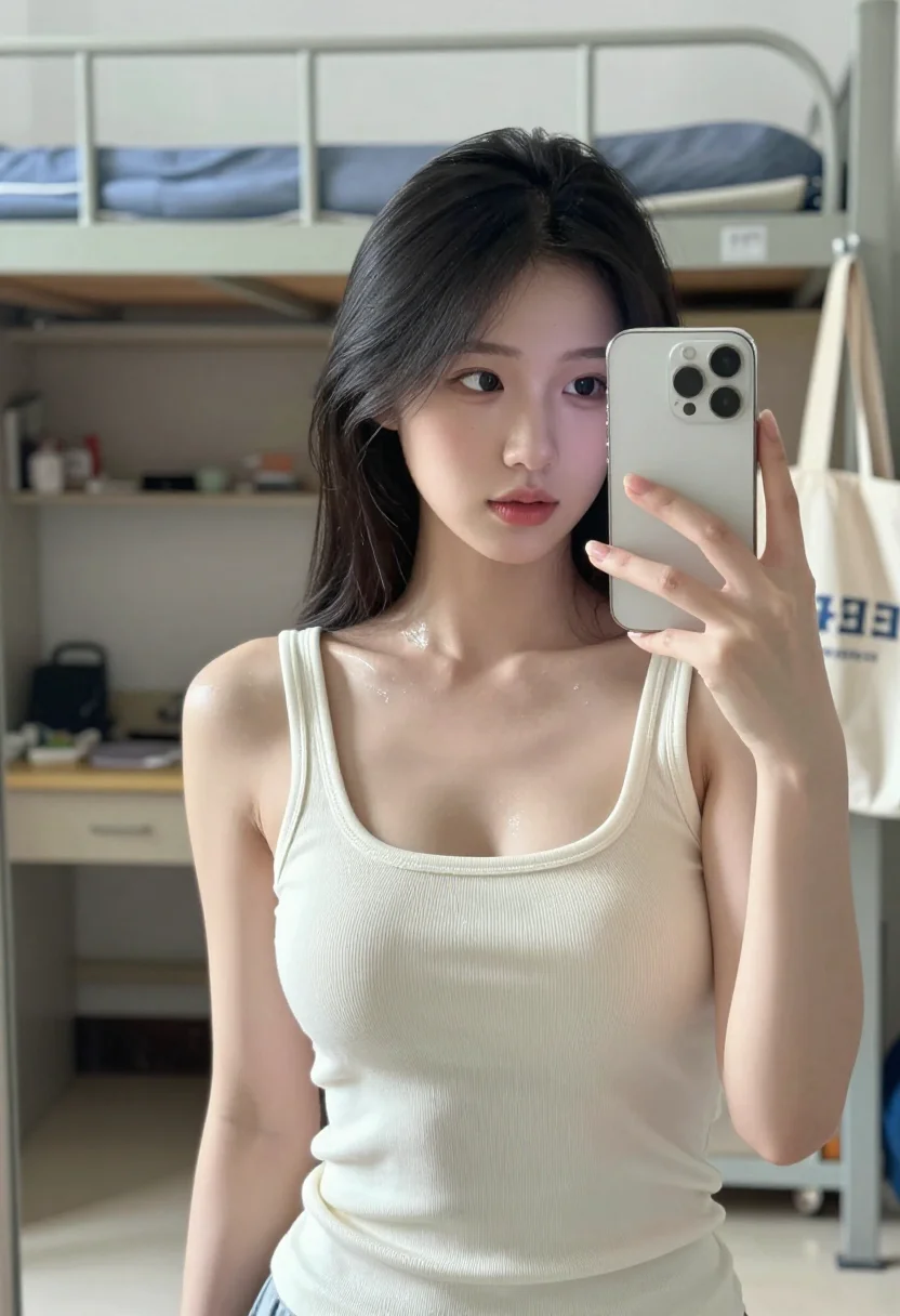 AI sorority sample — Front waist-up mirror self-portrait of a petite East-Asian woman in a cardigan