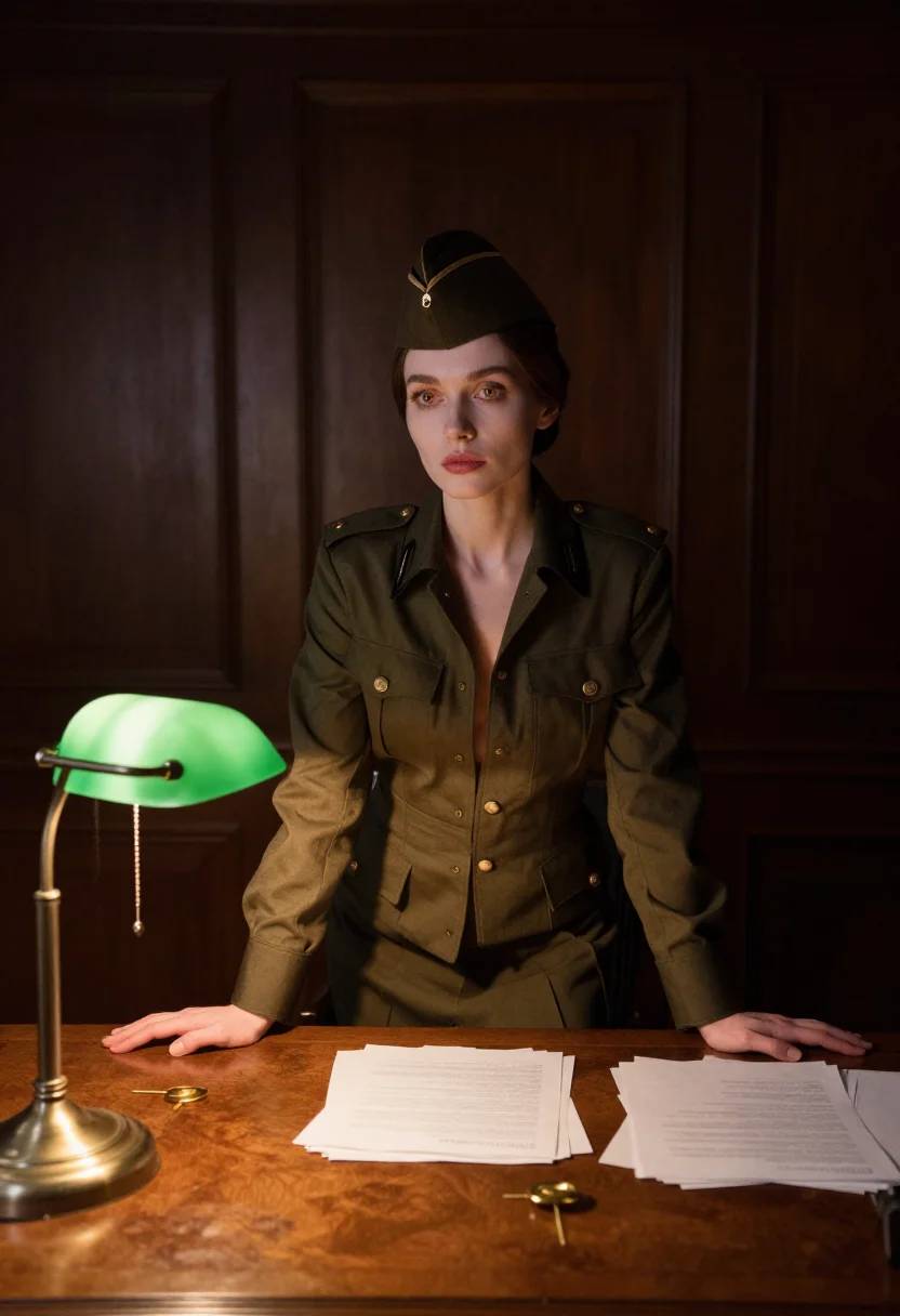 AI soviet officer sample — Portrait of a slender Russian woman with pale-ivory complexion and a peaked cap