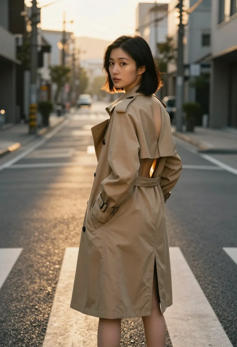 AI trench coat sample — Back three-quarter portrait of a slim Japanese woman in a trench on a street