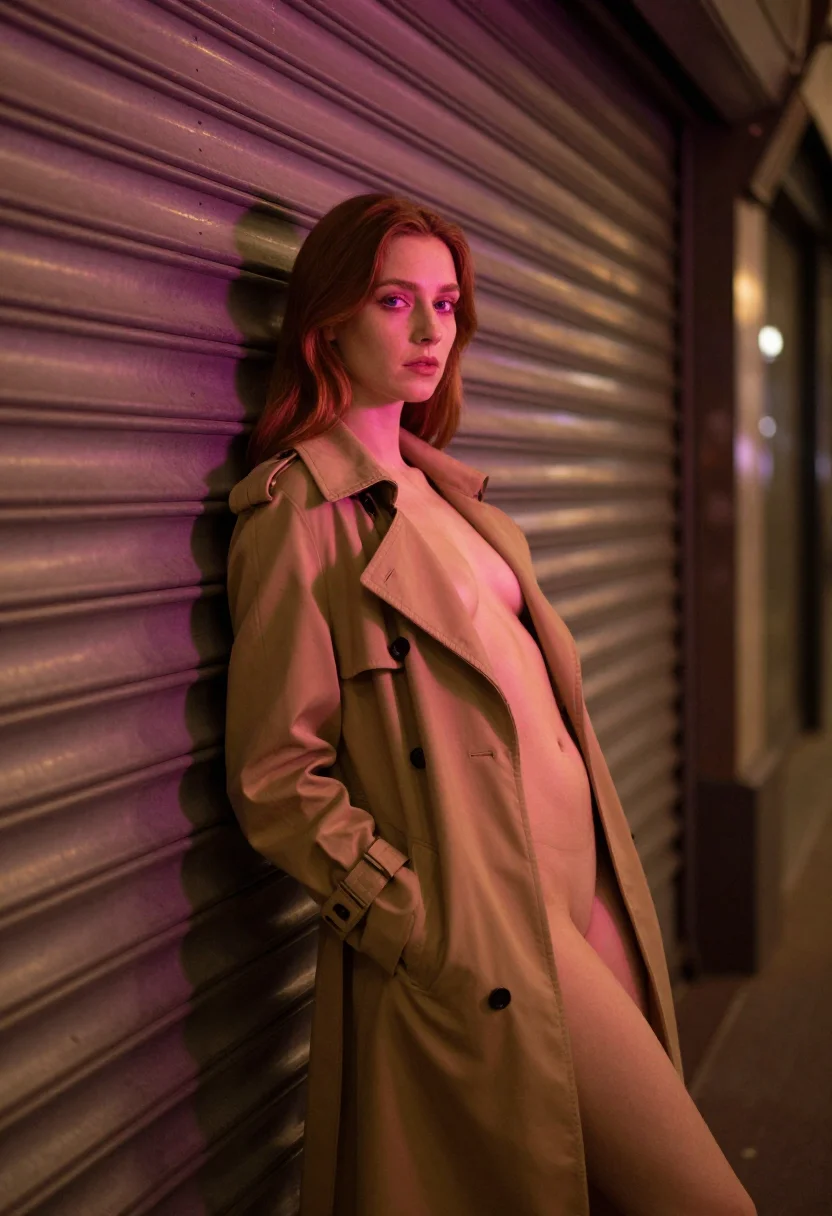 AI trench coat sample — Side portrait of a slender Irish woman in a trench coat on a rooftop