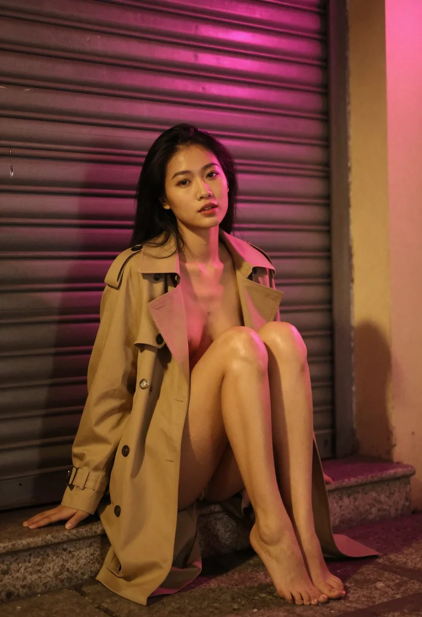 AI trench coat sample — Portrait of a slim Vietnamese woman in a beige trench by a doorway