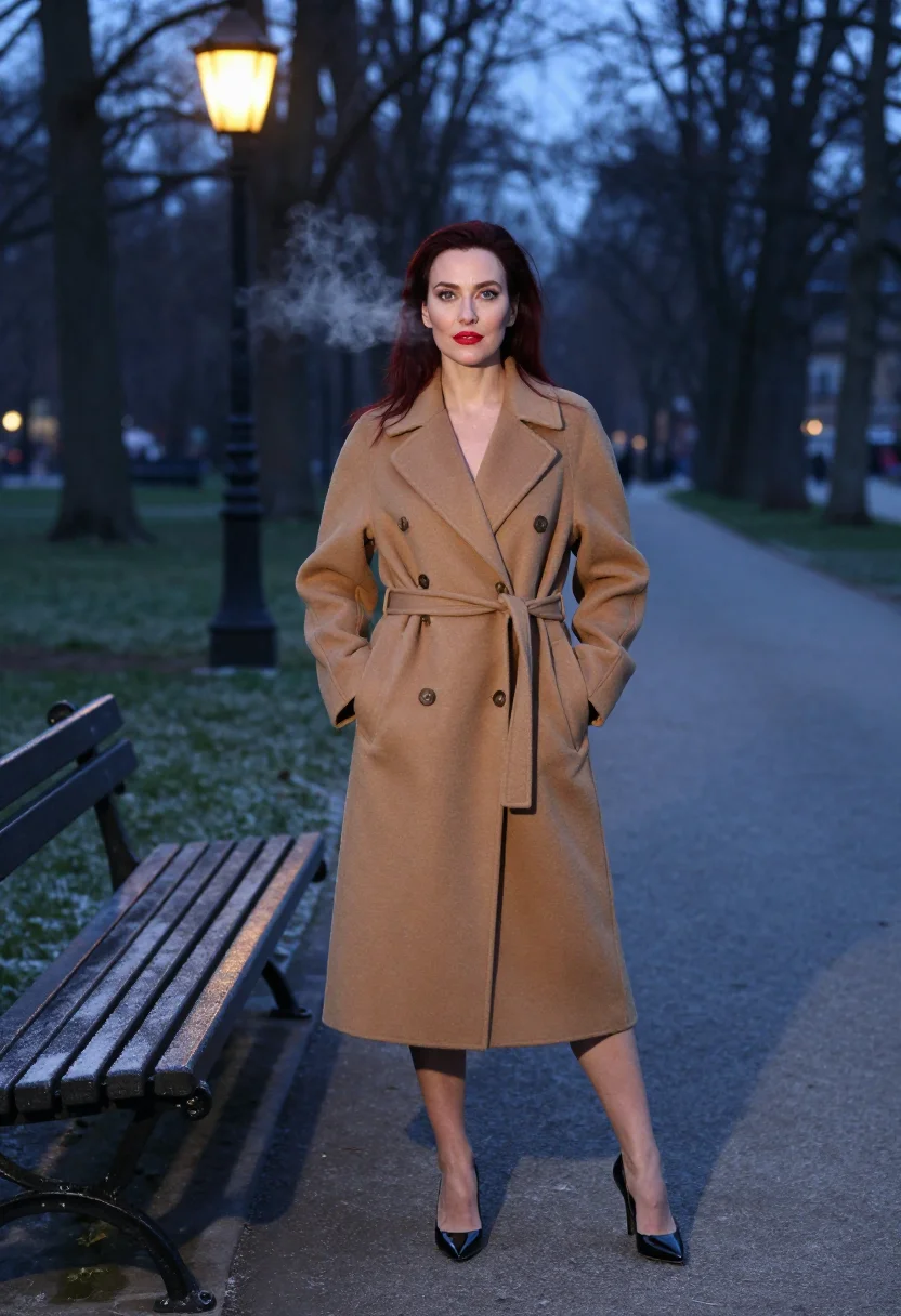AI under the camel coat sample — portrait of a woman, an adult woman with fair rose-toned ski