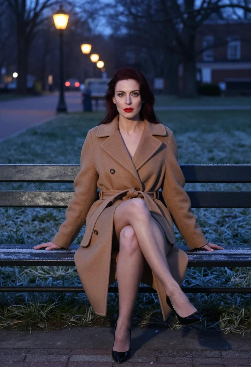AI under the camel coat sample — portrait of a woman, an adult woman with fair rose-toned ski