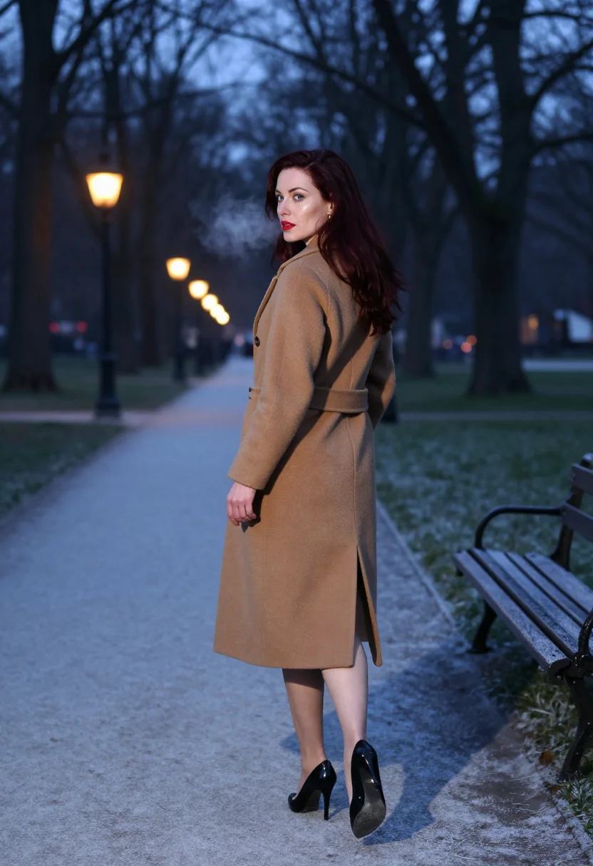 AI under the camel coat sample — portrait of a woman, an adult woman with fair rose-toned ski