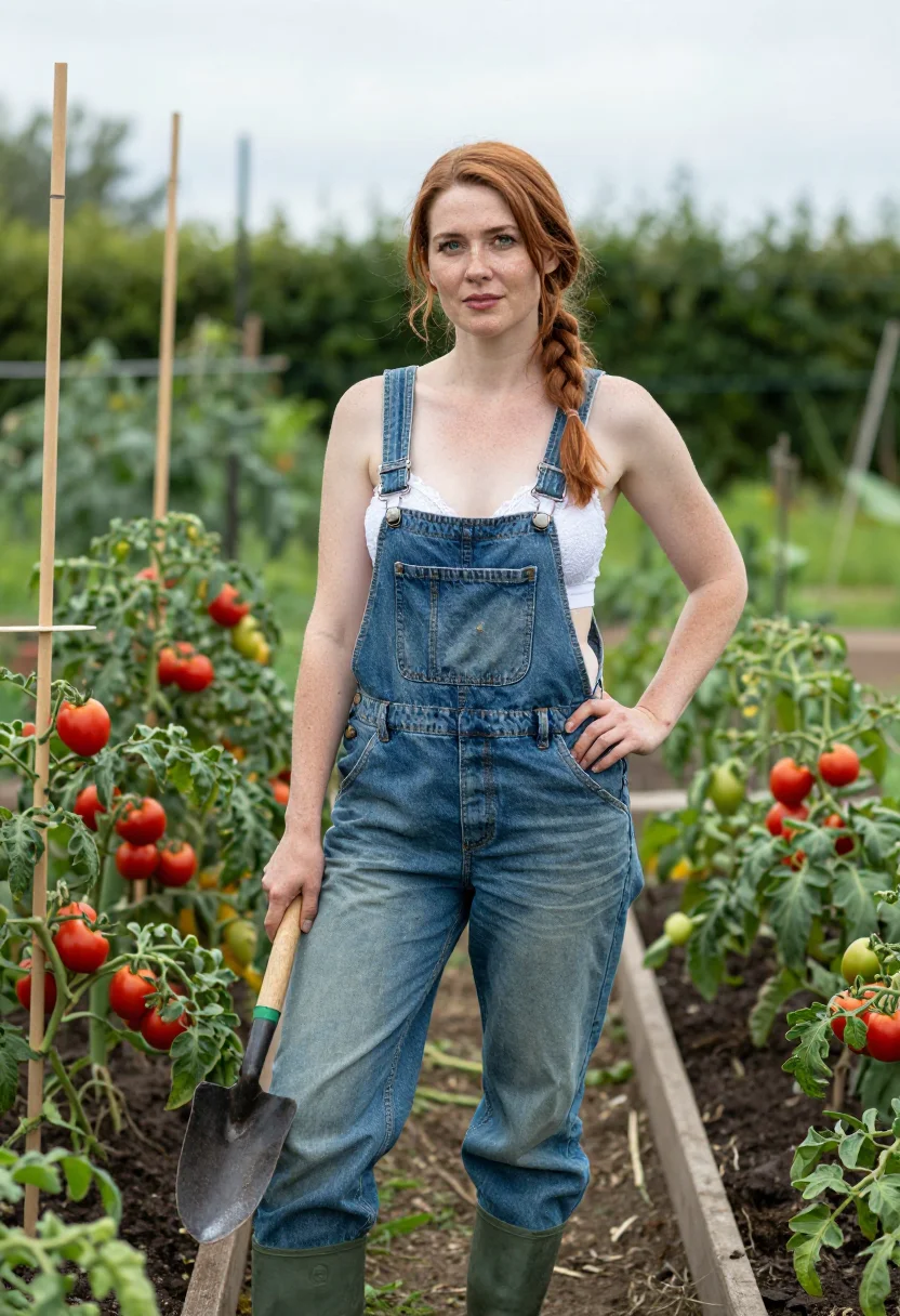 AI under the dungarees sample — portrait of a woman, an adult woman with fair freckled skin,