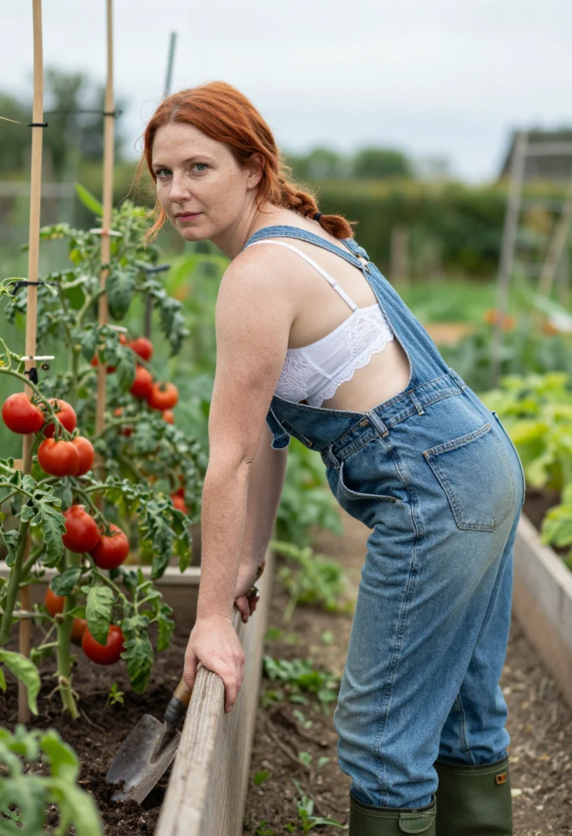 AI under the dungarees sample — portrait of a woman, an adult woman with fair freckled skin,
