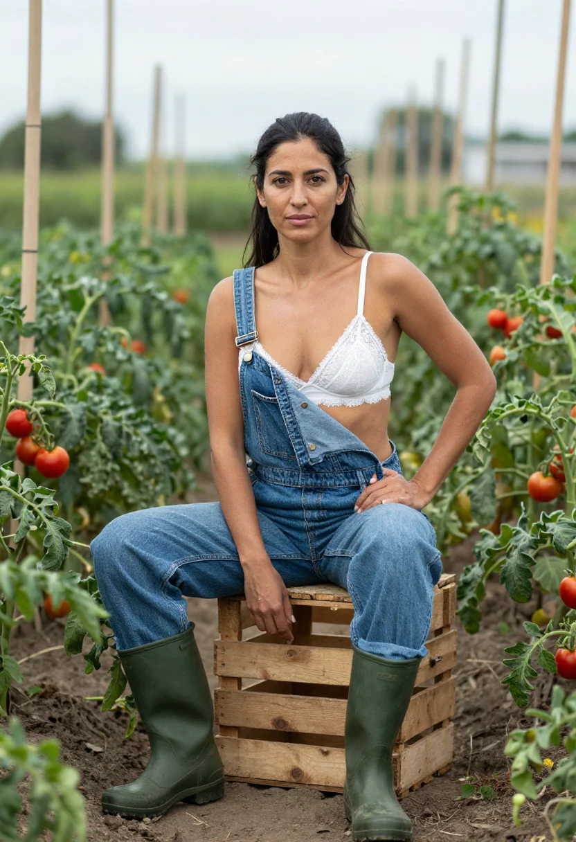 AI under the dungarees sample — portrait of a woman, an adult woman with warm honey skin, br
