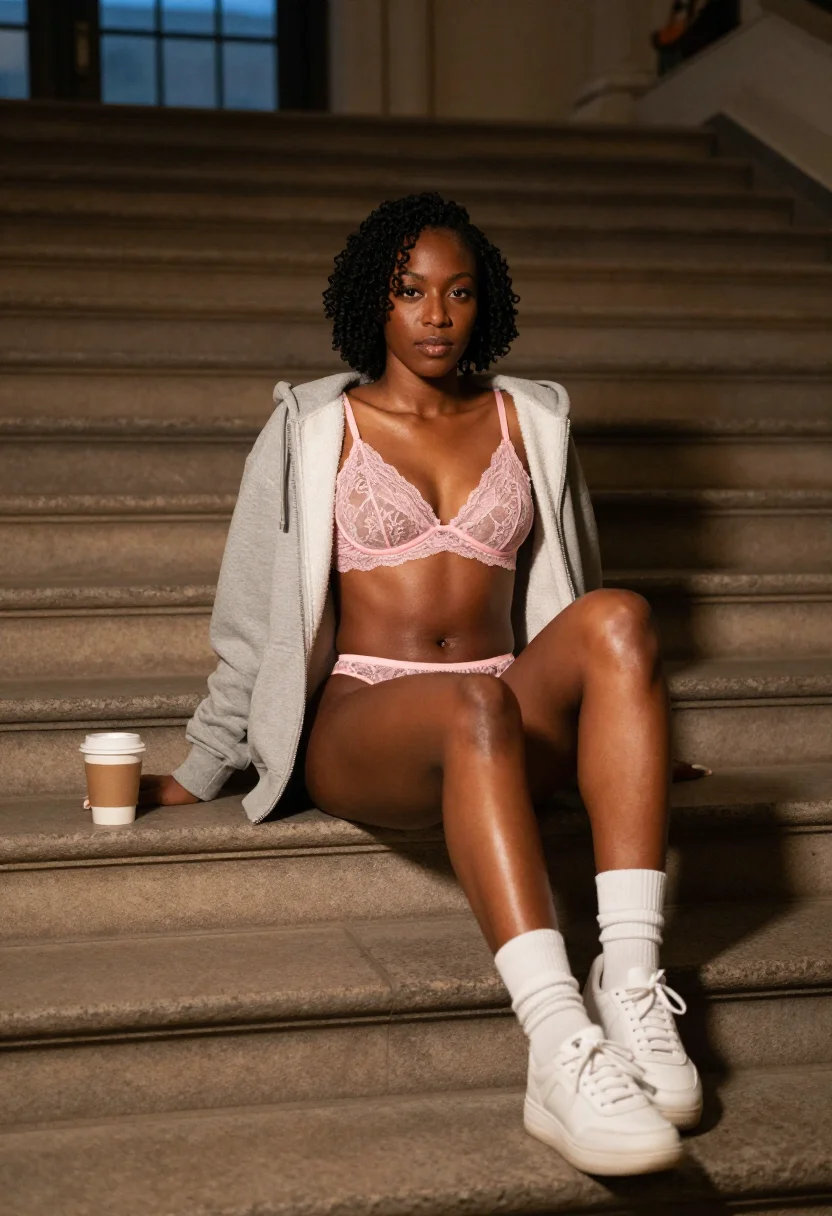 AI hoodie sample — portrait of an adult woman, full-length seated portrait on the library steps