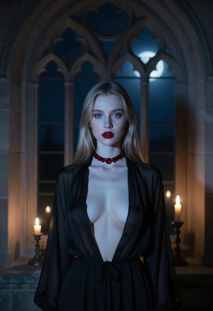 AI vampire sample — Front half-length portrait of a slim Slavic woman with fair complexion in a red-lined cloak