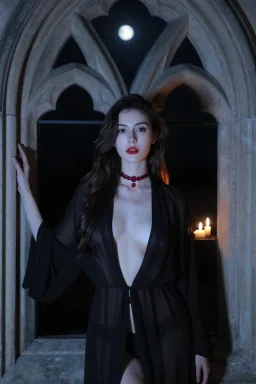 AI vampire sample — Front half-length portrait of a tall English-rose woman beside a gothic window