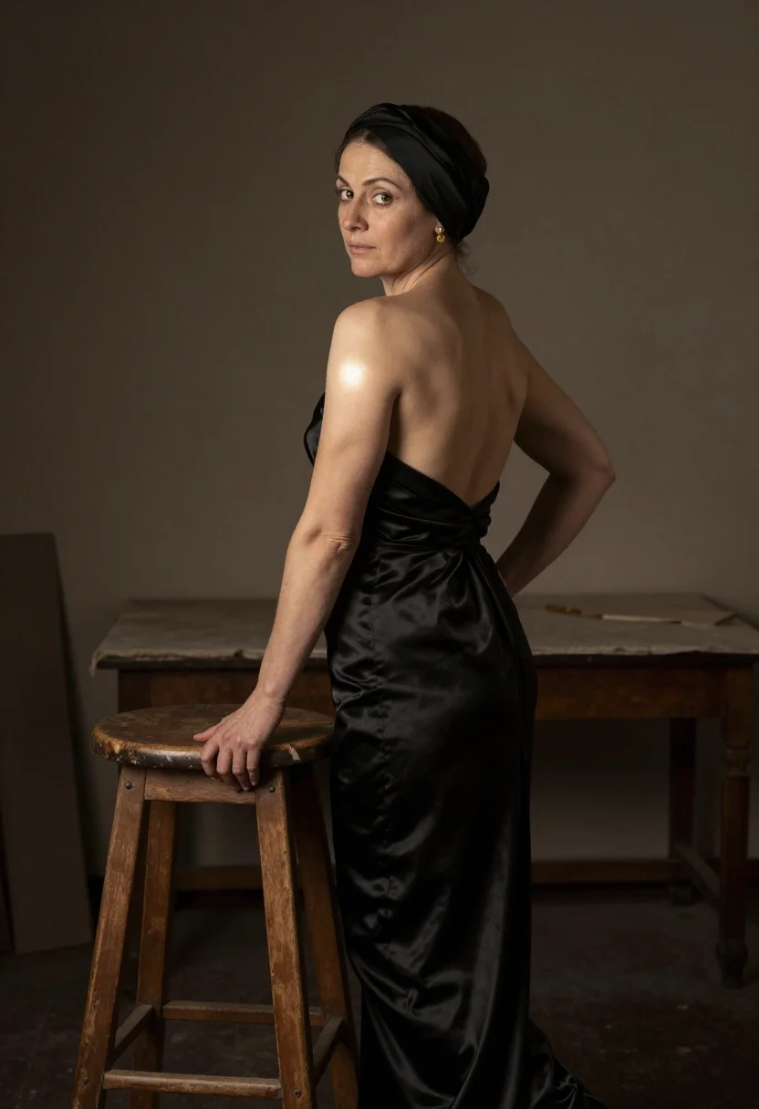 AI violin back sample — portrait of a woman, three-quarter-length rear portrait of a