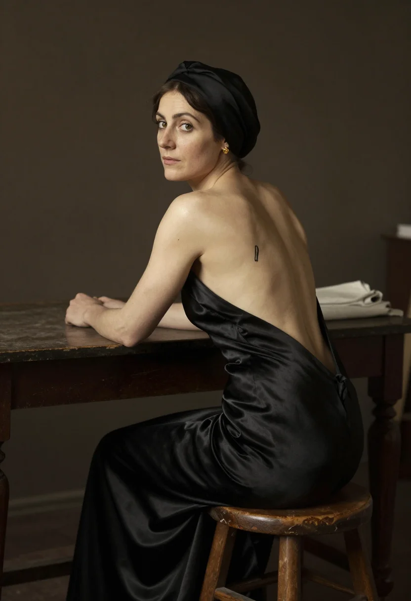AI violin back sample — portrait of a woman, half-length three-quarter rear portrait
