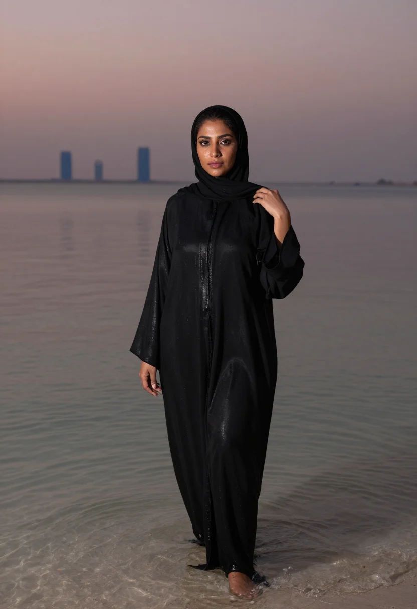 AI wet abaya beach sample — portrait of a woman, an adult Emirati woman with deep bronze