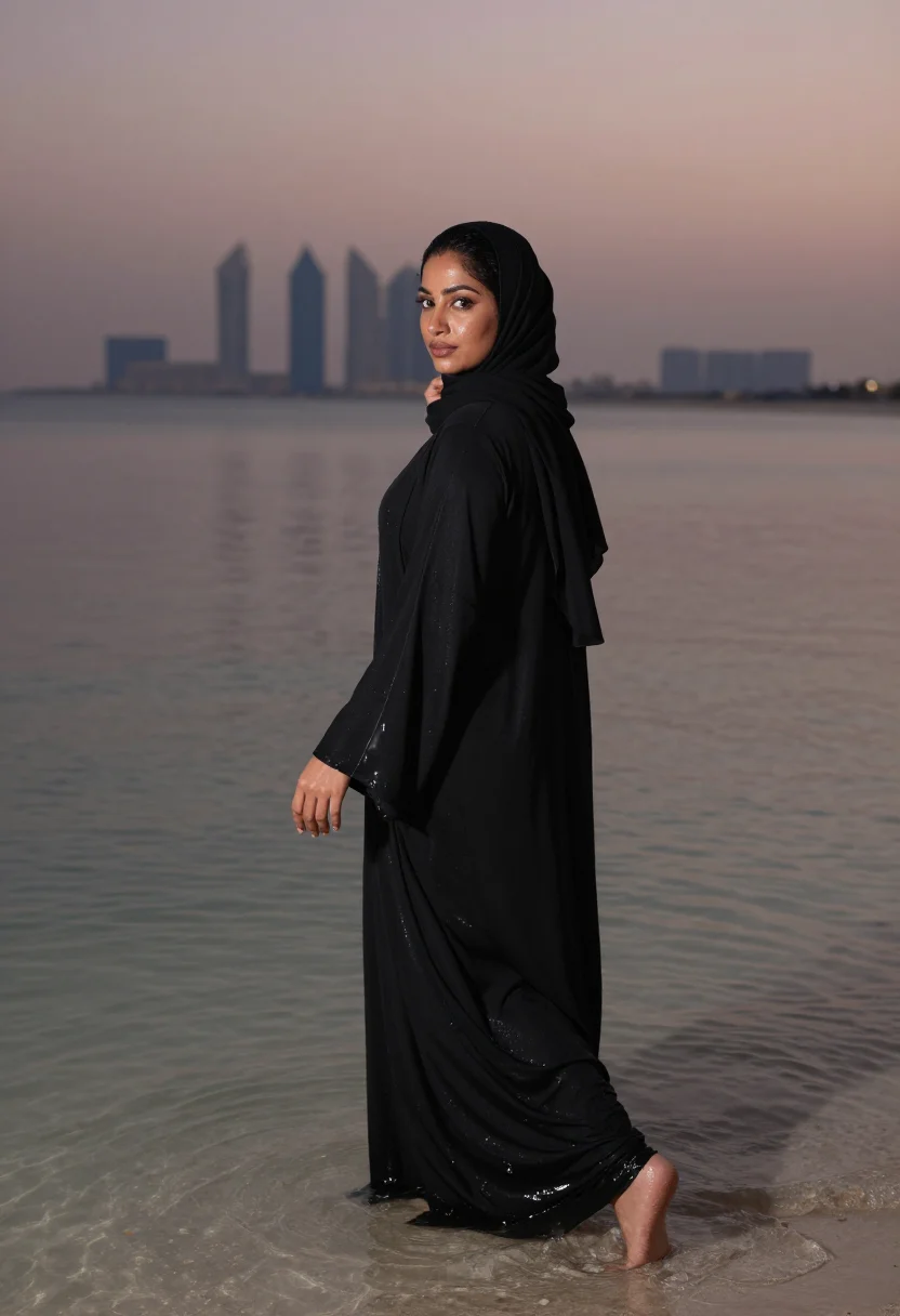 AI wet abaya beach sample — portrait of a woman, an adult Emirati woman with deep bronze