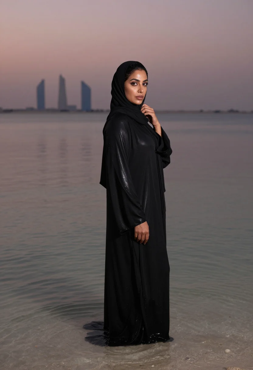 AI wet abaya beach sample — portrait of a woman, an adult Emirati woman with deep bronze