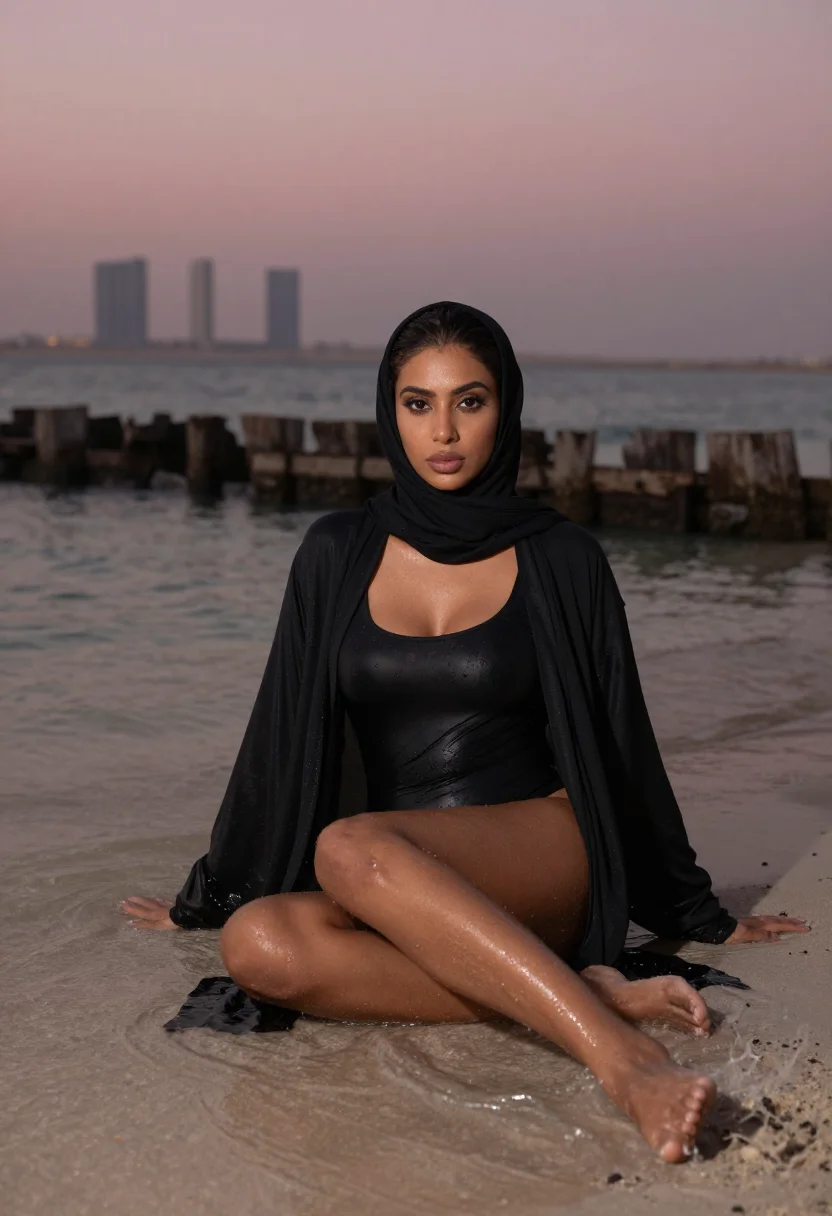 AI wet abaya beach sample — portrait of a woman, an adult Emirati woman with deep bronze