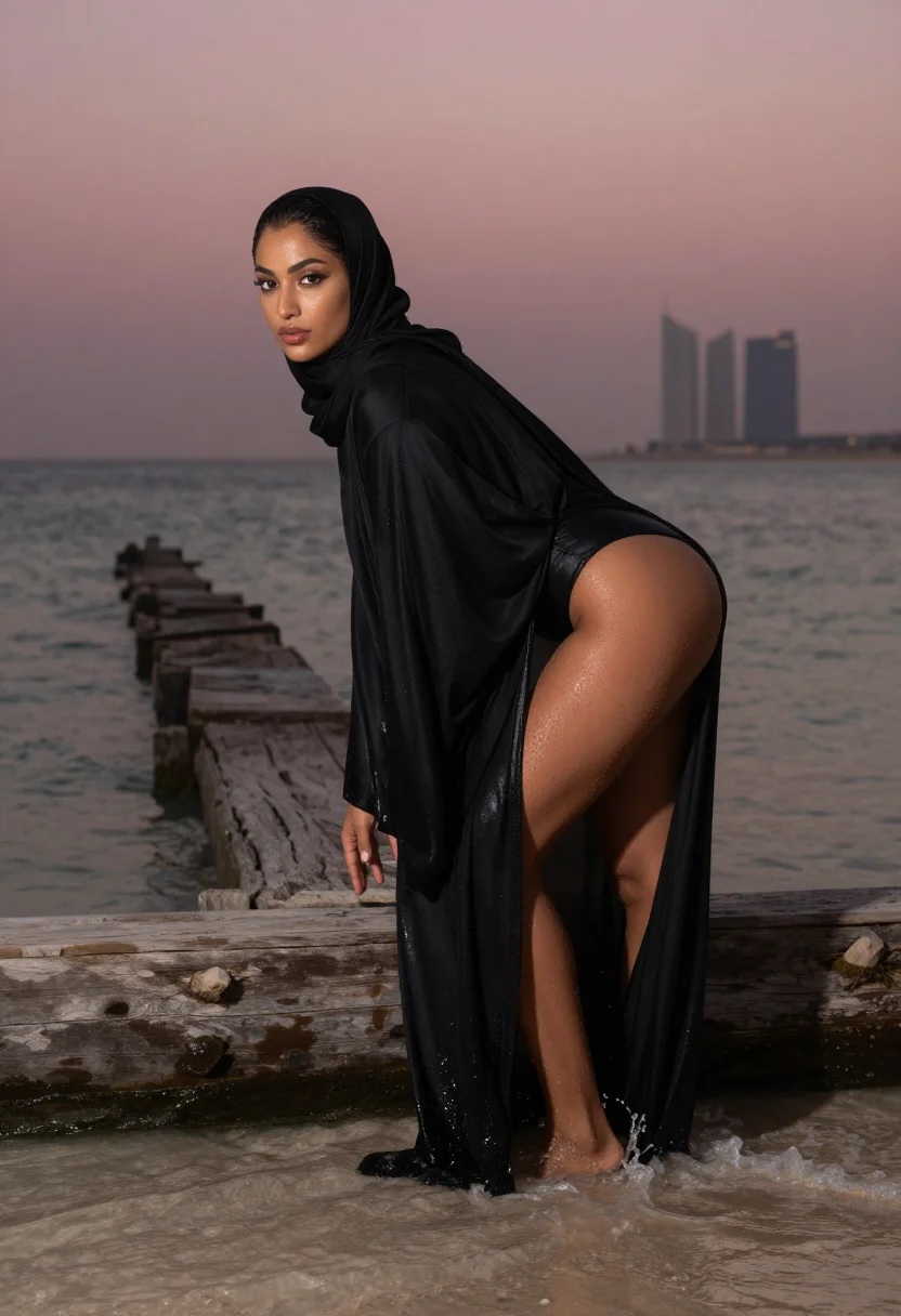 AI wet abaya beach sample — portrait of a woman, an adult Emirati woman with deep bronze