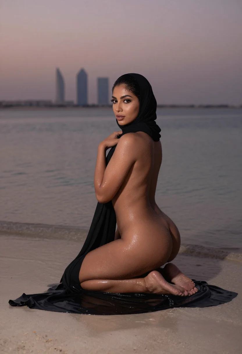 AI wet abaya beach sample — portrait of a woman, an adult Emirati woman with deep bronze