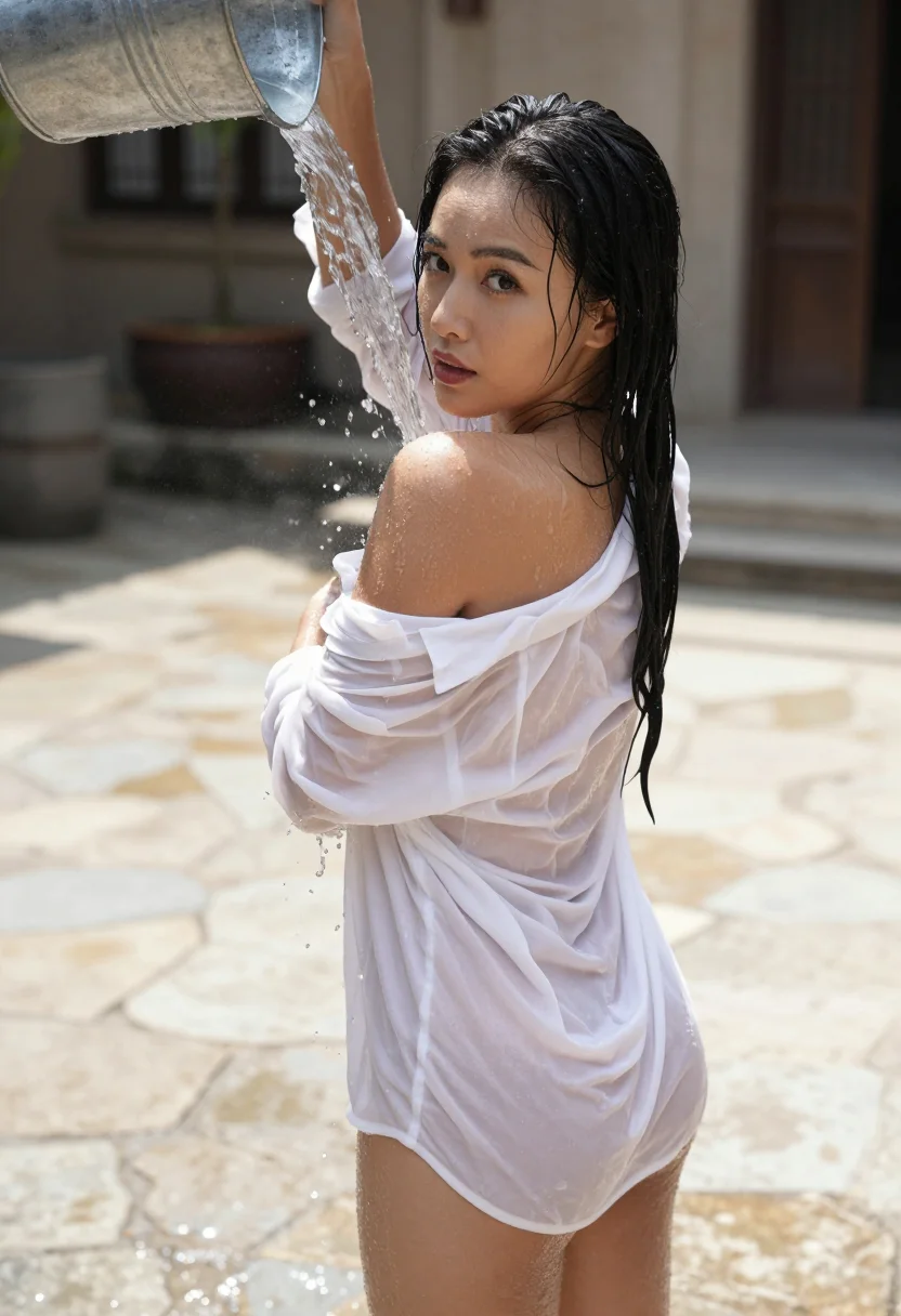 AI wet look sample — Back three-quarter portrait of a petite Southeast-Asian woman in a wet cotton top